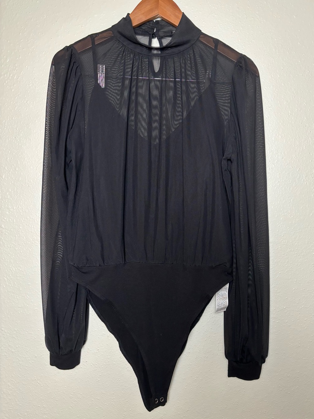 Forever 21 Large Black Sheer Long-Sleeve Mock Neck Bodysuit